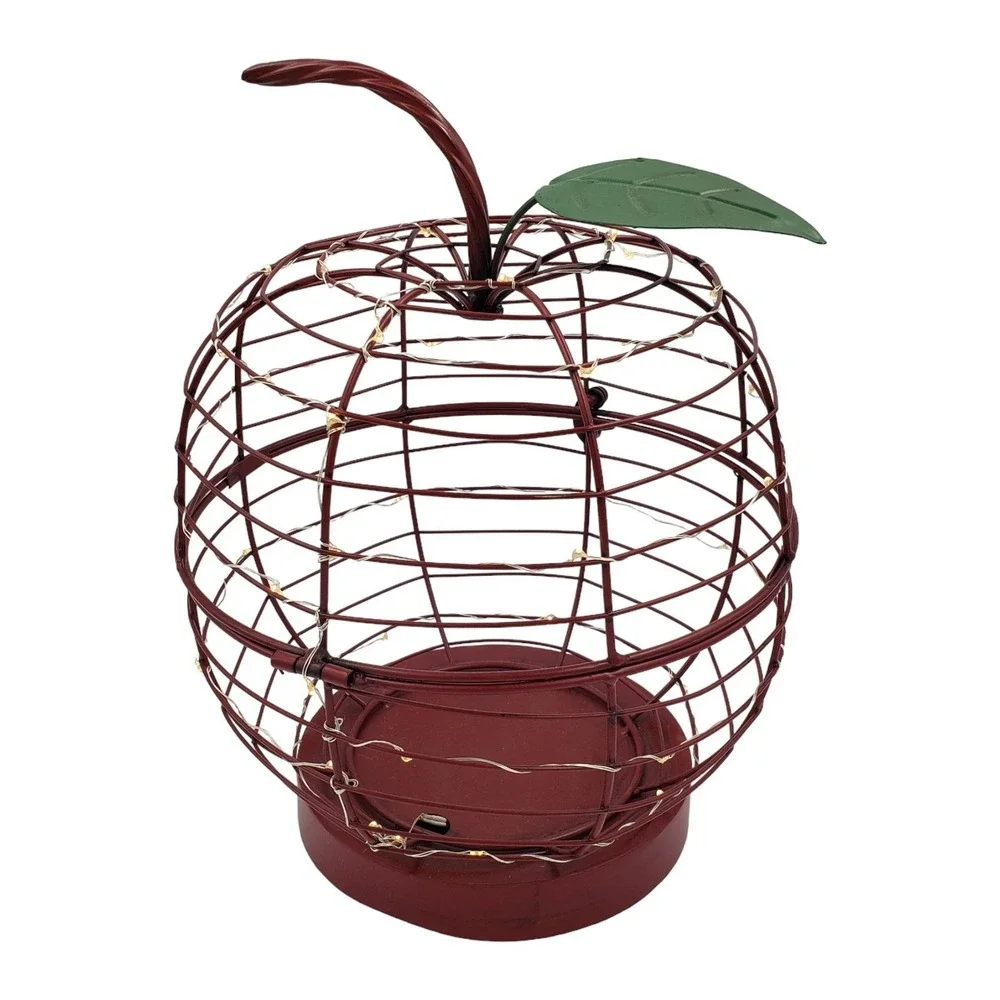 Decorative Red Metal Wire Apple Fairy Lights Hinged Farmhouse Rustic Country